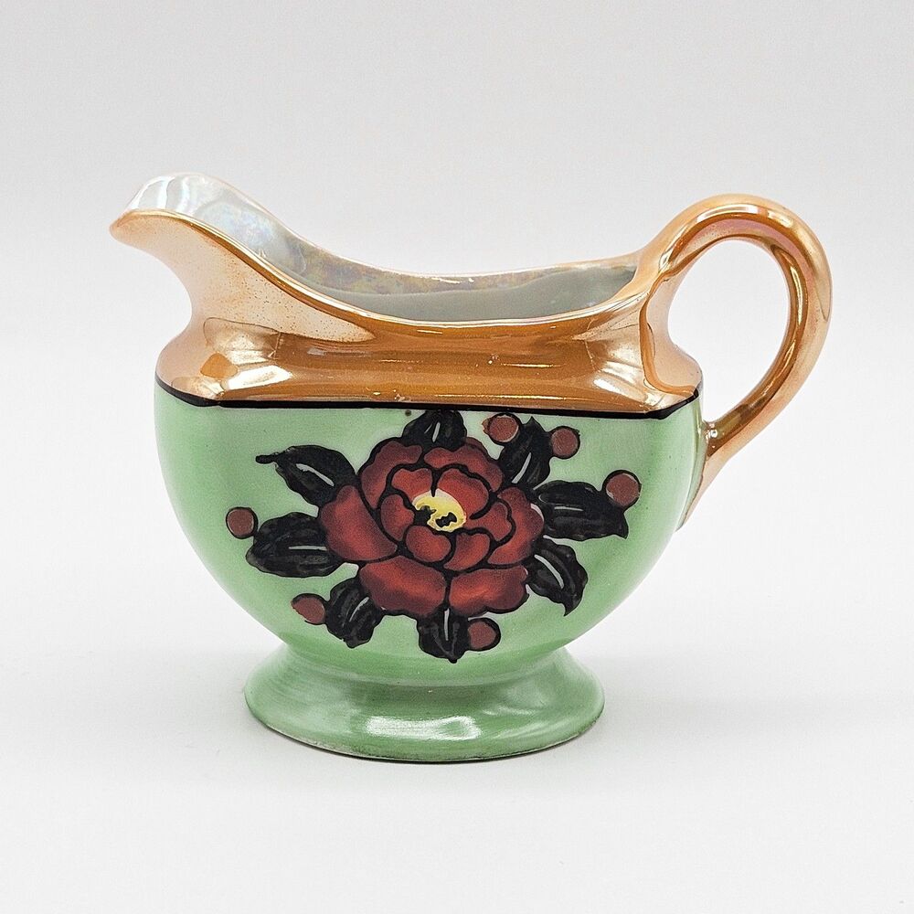 Lusterware Creamer Pitcher Japanese Vintage Green with Red Flowers